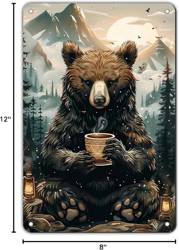 Bear Metal Tin Sign Morning Brew in the Wild Wall Art Rustic Bear & Coffee Cup Tin Sign for Cozy Cabin Decor Kitchen & Living Room Vintage Gift for Wilderness Enthusiasts 12 * 8in
