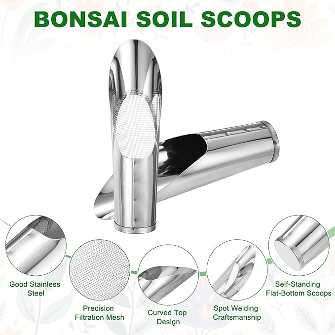 M METERXITY 1-Set Bonsai Soil Scoops, 2inch/5cm Stainless Steel Garden Soil Scoop Bucket Shovels and Soil Sifter for Transplanting/Flower Planting, Small Gardening Tool [Silver Tone]