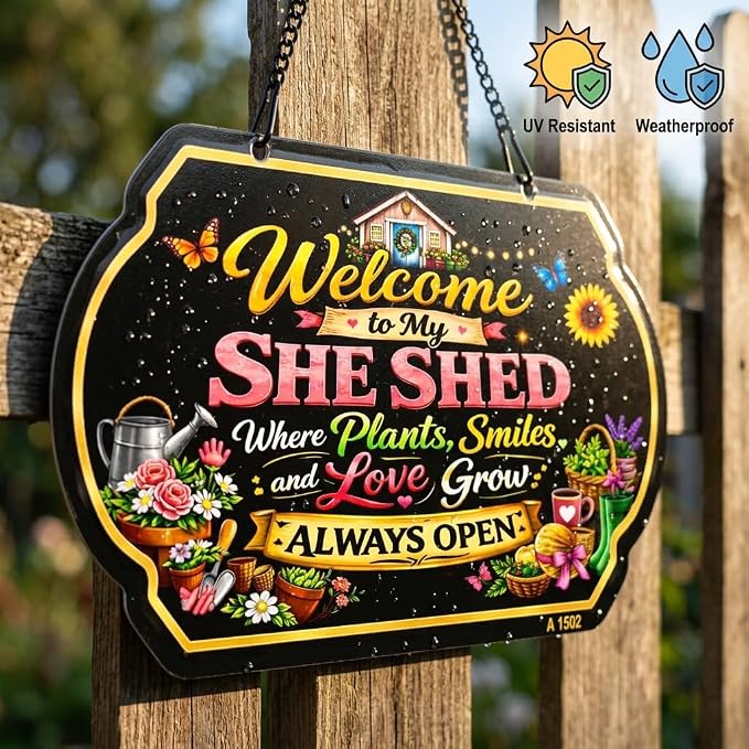Welcome to My She Shed Sign, Garden Sign 10 x 5 Inch Metal Aluminum Sign with Chain, Decorative Garden Sign for Outdoor Garden Decor for Outside, Gardening Gifts for Women