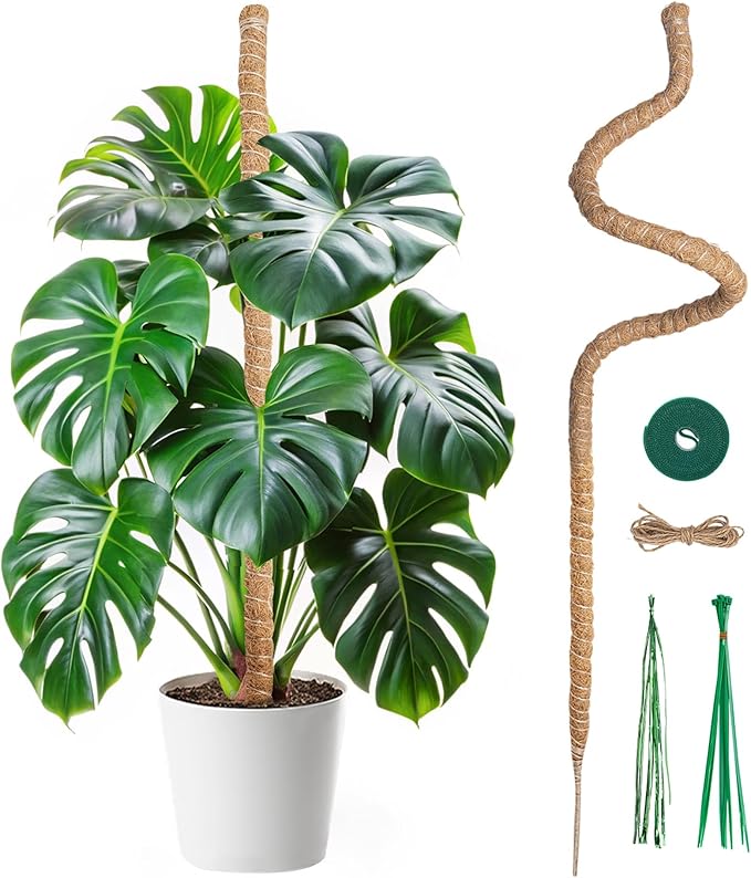 Mcbazel Bendable Moss Pole for Plants 47 Inch, Monstera Plant Support Stake with 7mm Aluminum Core, Coconut Coir Climbing Pole for Monstera Pothos Philodendron, Complete Kit with Ties & Rope