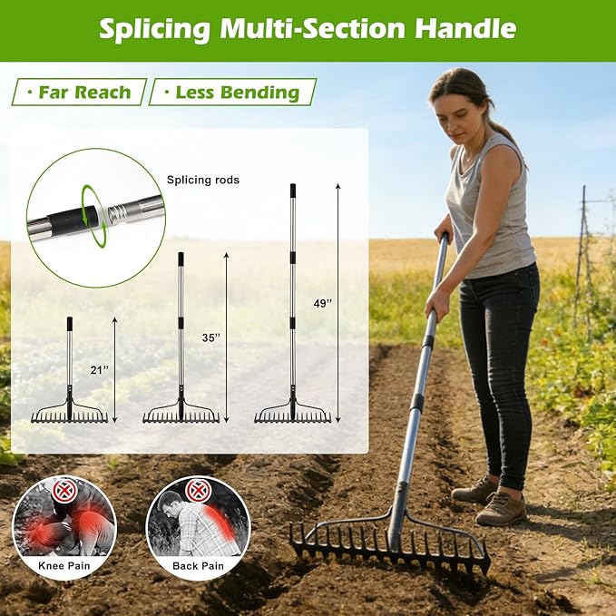 4FT Bow Rake,Heavy Duty Metal Garden Rake for Moving Gravel Loosening Soil Leveling Ground Gathering Leaf Debris Spreading Mulch, 17 Tines,Adjustable Handle, for Lawn Garden Farm Landscape Work