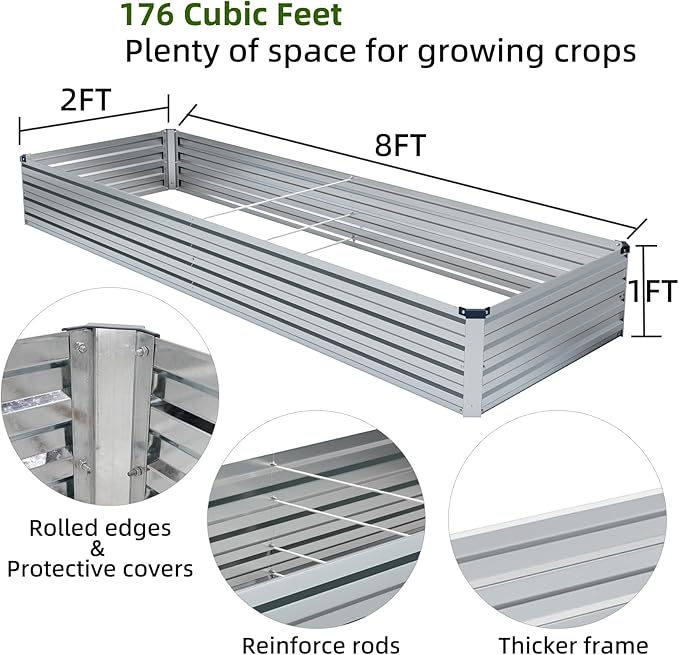 Meberam 2 Pack 8x2x1FT Galvanized Raised Garden Beds Kit Outdoor Metal Gardening Planter Box for Vegetable Elevated Flower Herbs,Silver