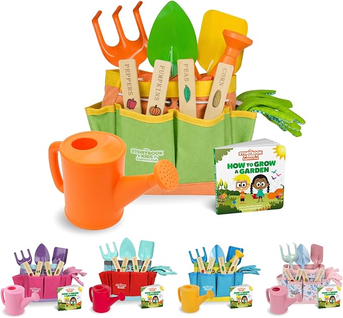 Kids Gardening Set – Toddler Gardening Kit Includes Watering Can for Kids, Shovel, Rake, Plant Stakes, Kids Gardening Gloves, Tote Bag & STEM Learning Gardening Guide Book - Garden Tool Set Green
