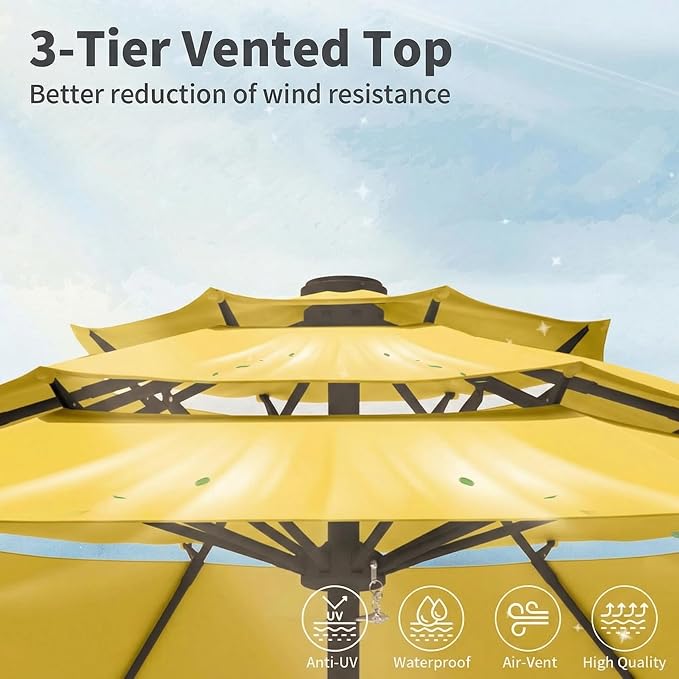 10FT Patio Umbrella 3 Tiers Outdoor Market Umbrella w/Push Button Tilt, Crank, UV and Waterproof Table Umbrella for Garden, Pool, Backyard, Deck, Lawn, Sunshine Yellow