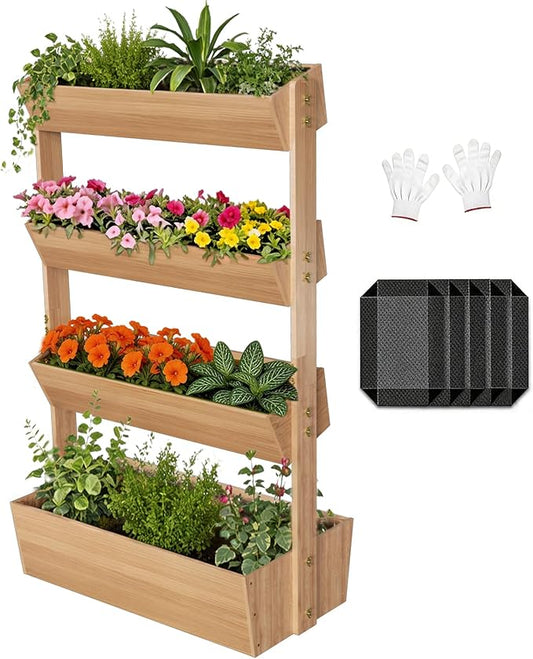 Baotree 4 Tiers Vertical Wooden Raised Garden Bed, Tiered Standing Garden Planters Outdoor, Garden Tower Wooden Planter Box for Planting Herbs Flowers Vegetables Indoor Outdoor Gardening