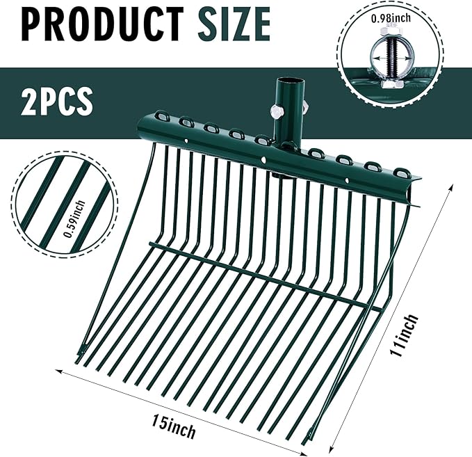 Tandefio 2 Pack Manure Fork Replacement Head Metal Pitchfork Horse Manure Rake Garden Pitch Fork Replacement Head with Angled Tines for Horse Stall Poop Picking up(Green)