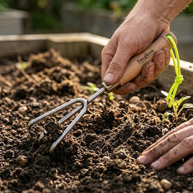 Foxglove Premium Stainless Steel Hand Cultivator - Heavy Duty Garden Tool with Beechwood Handle - Durable Metal Garden Rake, Weeder & Digging Fork - Essential Hand Tiller for Soil & Garden Care