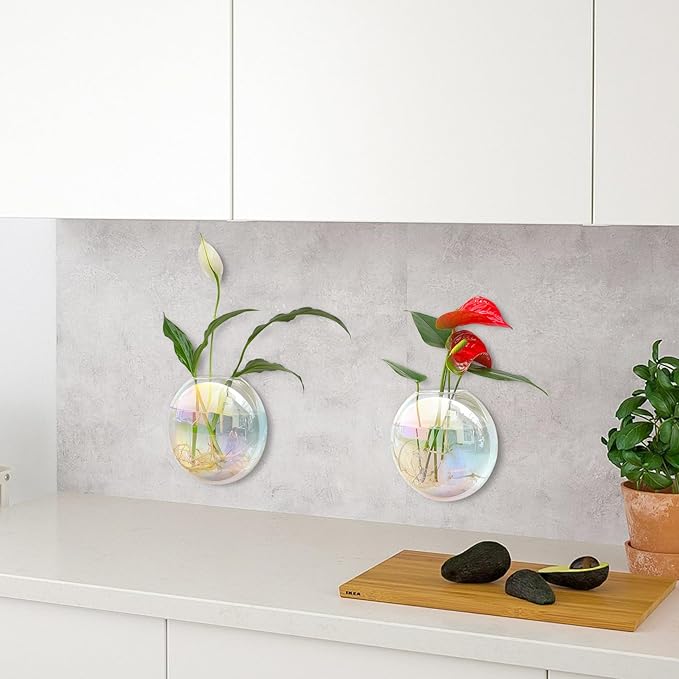 Kingbuy Wall Hanging Glass Planters Propagation Station - 2 Pack Iridescent Oblate Globe Flower Vases for Air Plants, Glass Terrariums with Floating Holders, Boho Indoor Hydroponic Home Office Decor