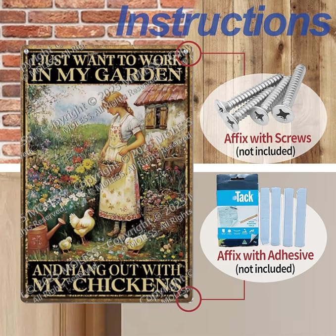 Funny Garden Sign – I Just Want to Work in My Garden and Hang Out with My Chickens | 12x8″ Vintage Metal Sign for Outdoor Decor - Gardening Gift for Women Chicken & Plant Lovers, 2486