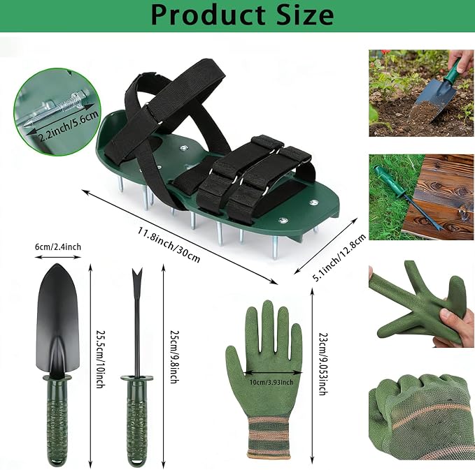 Lawn Aerator Shoes with Shovel & Gloves - 2.2" Heavy Duty Spikes, Adjustable Hook Loop Straps, One Size Fits All, Easy to Use Yard Garden Soil Aeration Tool for Men Women