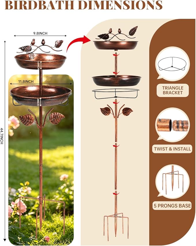 Breeze Touch 2-in-1 Metal Bird Bath for Outdoor, Vintage Garden Bird Bath with Detachable Birdbaths & Birdfeeder Bowl, Free Standing Bird Feeder with 5 Prongs Base Stake for Yard Lawn Decor(Bronze)