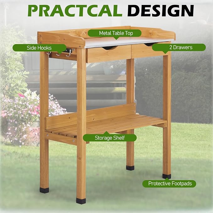 Outdoor Potting Bench Garden Work Station, Solid Wood Planting Table w/Sink Drawer Shelves,Metal Top, Folding Patio Furniture for Porch Balcony (29.8 x 14.6 x 36.4(Fir Wood Color))