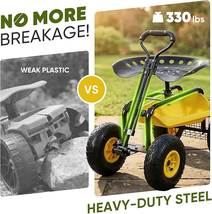 Sekey Garden Cart Rolling Workseat, Heavy Duty Garden Scooter with 360° Swivel Seat & Adjustable Height, Tool Tray & Storage Basket, 440 lbs Capacity, All-Terrain Wheels, for Seniors & Gardeners