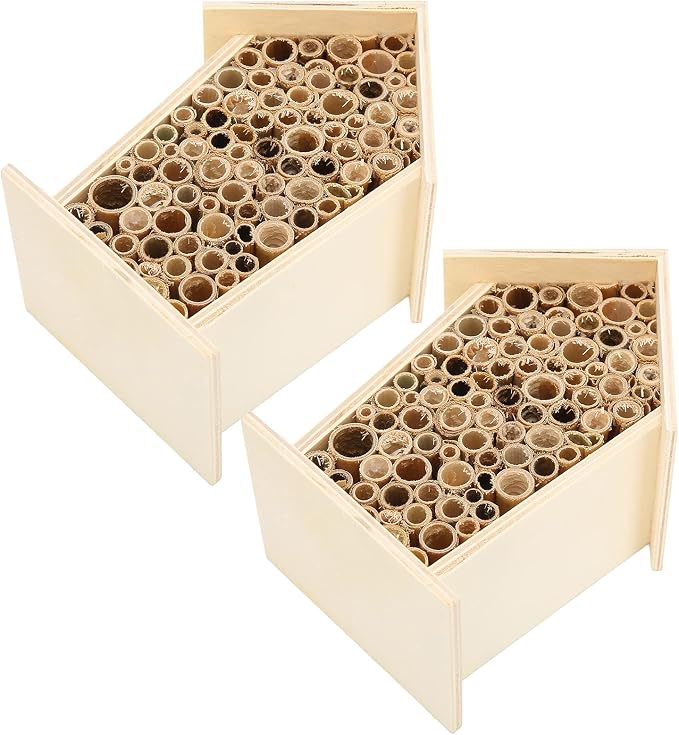 2PCS Wooden Bee House - Natural Hotel for Bees - Safe & Durable Garden Decoration & Pollinator