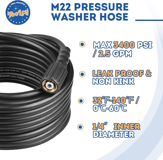 TOOLCY Pressure Washer Hose, 3400 PSI, 50 ft 1/4" Kink Resistant Power Washer Hose M22 Replacement for Ryobi, Troy Bilt, Greenworks, CRAFTSMAN High PressureWashers