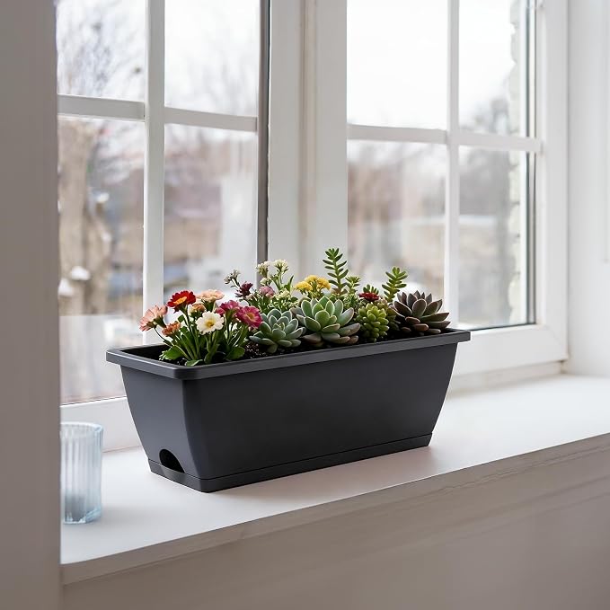 Rectangle Planters Box, 4 Pack Deck Hanging Planters for Railings, Window Box Planter with Drainage Holes & Trays, 16.9 Inch Balcony Planters Railing Hanging with Metal Brackets, Grey