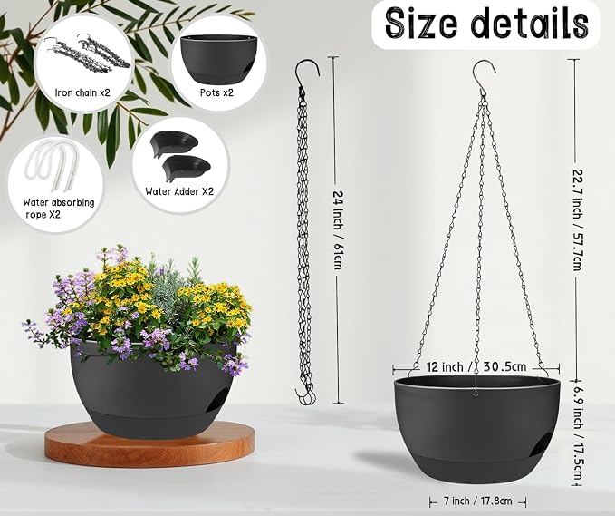 2 Pack 12" Self Watering Hanging Planters, Black with Chains | Plastic hanging baskets with 43 Oz removable reservoir, for indoor outdoor plants, patio porch garden balcony decor