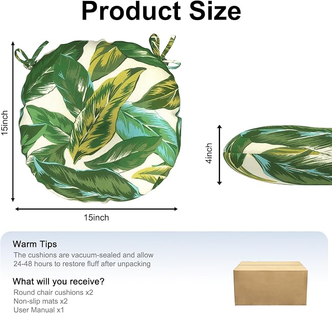 DYTXIII Set of 2 Outdoor Round Chair Cushions 15"x15"x4" with Ties, Water Repellent Tufted Bistro Seat Cushions, Thick Patio Chair Pads for Bar Stool, Garden & Dining Furniture - Lush Leaf Jungle