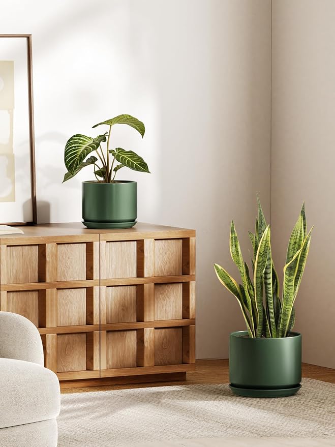 LE TAUCI Ceramic Pots for Plants, Set of 2, 10 + 12 Inch Plant Pot with Drainage Hole and Saucer, Durable & Stylish Planters for Indoor Plants, Elevate Your Home’s Aesthetic, Forest Green