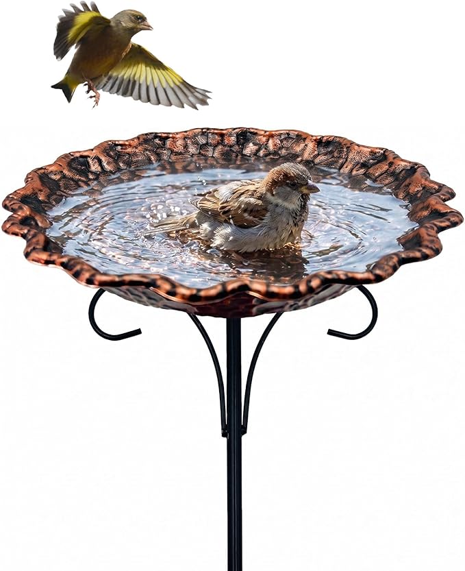 Metal Bird Bath for Outside, 10" Diameter Bird Bath with Heavy Duty 5-Prong Stake Base, Freestanding Outdoor Birdbath for Garden Patio Yard Lawn Decor (Antique Copper Pebble)