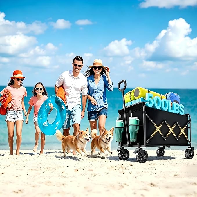 Wagons Carts Foldable Collapsible Foldable Extended Wagon with Brakes, 500lbs Weight Capacity, Heavy Duty Folding Utility Garden Cart with Big All-Terrain Beach Wheels & Drink Holders