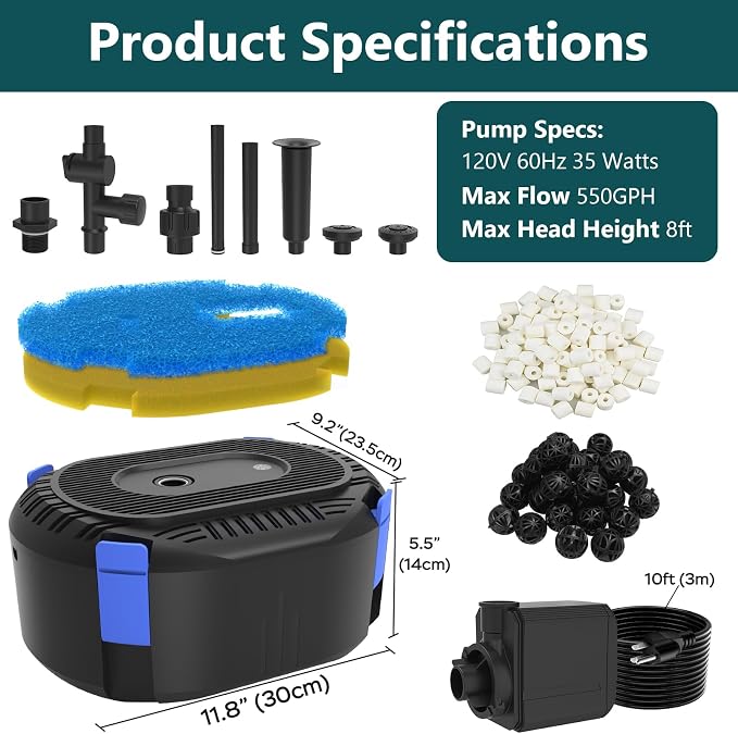 AquaMiracle Pond Filter with Pump Fountain Kits | 550GPH Pond Filter with Pond Pump & Fountain Kit | 3 Spray Patterns | Water Feature | Koi Pond Filters for Outdoor Ponds 350-500 Gal