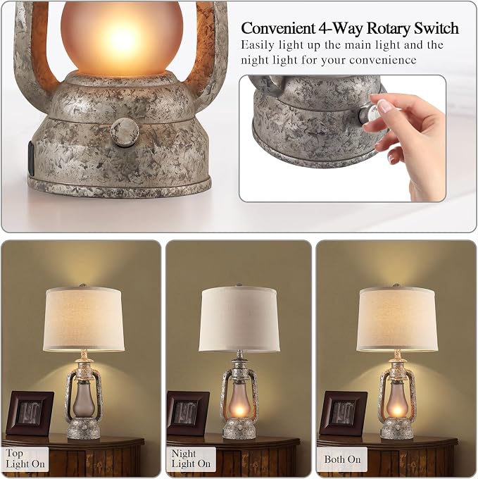 Farmhouse Rustic Table Lamps Set of 2, Iron Gray | Vintage Lantern Design, Dual USB Ports, 25 Inch Tall, 4 Bulbs Included