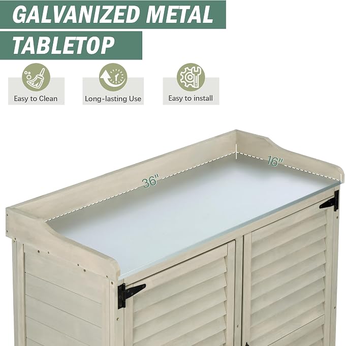 Outdoor Potting Bench with Metal Work Top,Waterproof Garden Storage Cabinet,Wooden Tool Station Shed for Backyard,Patio,Lawn Gardening