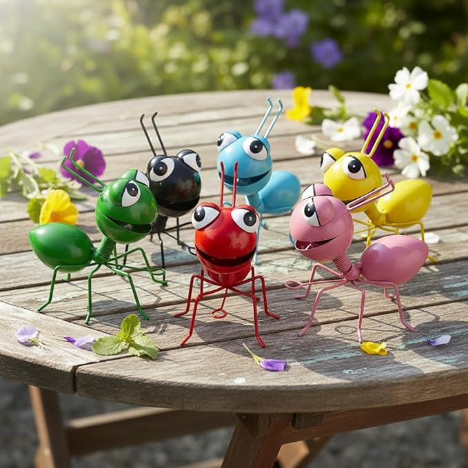 Cruis Cuka Metal Ants Wall Decor, Set of 6 Cute Garden Hand Painted Decorations for Outdoor Fence Patio Yard, Rustic Farmhouse Hanging Sculptures