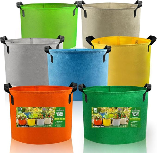 7 Pack Colorful 10 Gallon Grow Bags, Fabric Plant Pots with Handles, Reusable Breathable Planters for Vegetables, Tomatoes & Garden