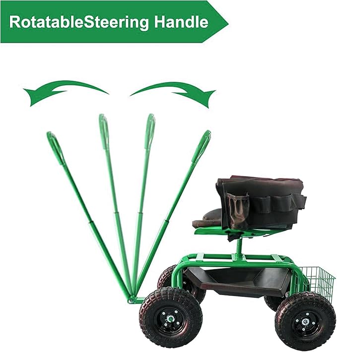 THUNDERBAY Garden Cart Rolling Workseat with Wheels, 360 Degree Swivel Seat, Wagon Scooter with Steering Handle & Utility Tool Tray for Planting, with Storage Basket and Tool Pouch, Green