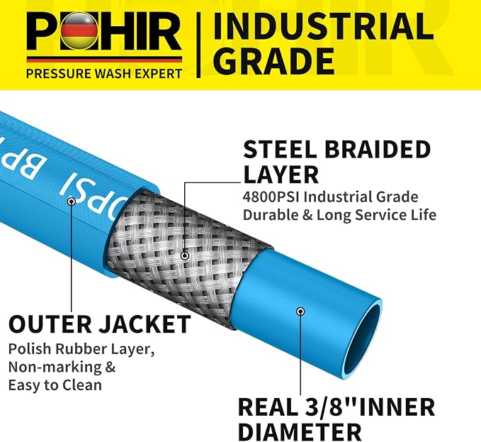 POHIR Pressure Washer Hose 50FT 3/8" for Cold & Hot Water (Up to 248℉) 4800 PSI Kink Resistant Industrial Grade Steel Wire Braided QC Ends with 2 M22-14mm to 3/8" Adapters for Professional and Home