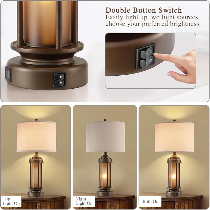 AIEAMPDO Set of 2 Farmhouse Table Lamps with 2 USB C+A Ports | Rustic Vintage Design, Amber Glass Nightlight, 4 Bulbs Included, for Living Room Bedroom Nightstand