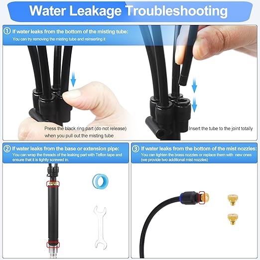 Misters for Outside Patio, Adjustable 4.1FT Standing Misting Cooling System with 26.2FT (8M) Water Supply Line， Outdoor Water Mist Hose for Cooling Backyard Garden Pool Tanning BBQ Kids Playing
