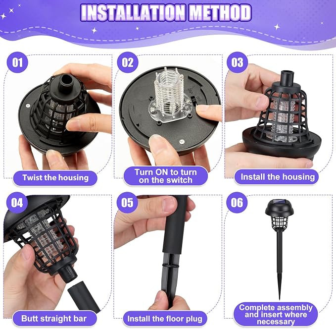 Qualirey 12 Pcs Solar Mosquito Zapper Outdoor Waterproof Solar Powered Bug Zapper Outdoor Mosquito Killer Lamp Trap Repellent Light for Garden Yard Insect (Purple and Warm Light,Black)