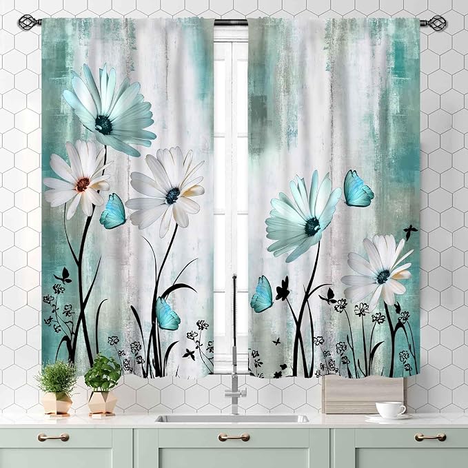 Teal White Daisy Curtains, Farmhouse Modern Flower Retro Floral Spring Butterfly Rural Country Style Turquoise Small Short Window Curtains for Living Room Bedroom Kitchen Bathroom 2 Panels, 55x39 Inch