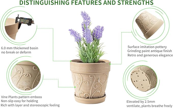 Melphoe Plastic Plant Pots Indoor with Drainage & Saucer, 2Pack 8 inch Flower Pots Outdoor Planters for Indoor Plants Garden Home Decor Cactus Succulent, (NOT-Terracotta) Vine-Embossed