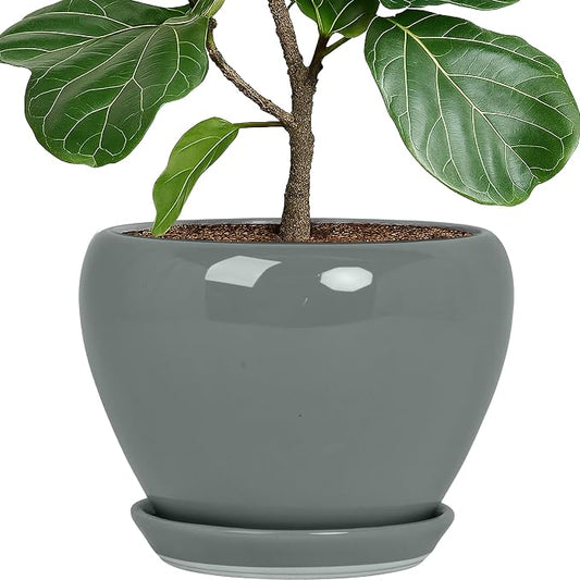 Deep Dream 10 Inch Plant Pot- Ceramic Planter Pot Round Plant Pots for Indoor Plants Outdoor Large Flower Pot with Drainage Holes & Trays, Grey