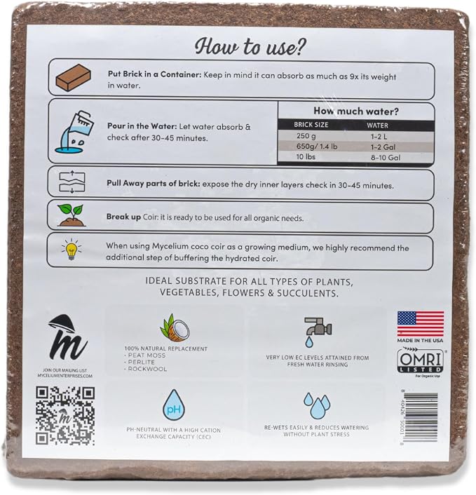 Mycelium Coco Coir Brick I Expandable Organic Coconut Fiber Substrate I Plants Potting Soil Mix for Indoor & Outdoor Gardening, Succulents & Cactus I OMRI Certified & Non-GMO Soil Alternative, 10lbs