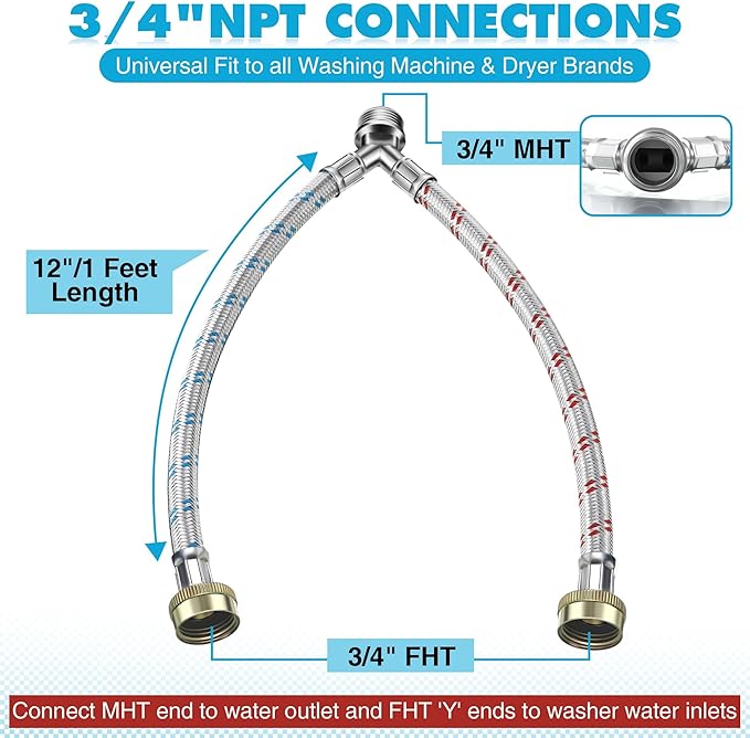 Dreyoo Hose Y Connector, 1 Ft Washing Machine Y Hose Split Stainless Steel, 3/4 Inch Brass Fittings, Hot and Cold Color Coded for Washing Machine Outdoor Faucets(4 Pcs)