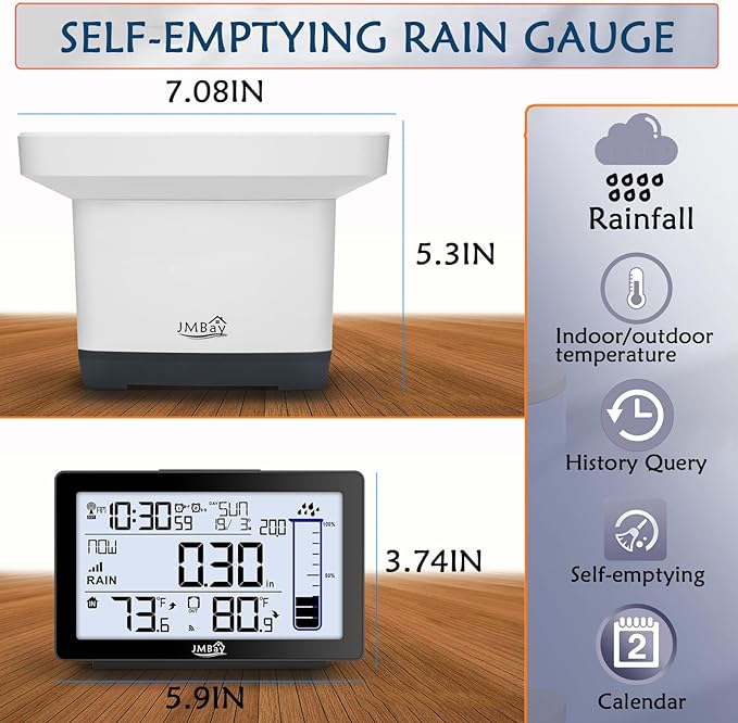 Digital Rain Gauge Outdoor with Thermometer, Self-Emptying Wireless Rain Gauges Outdoors Best Rated, High Precision Electronic Remote Rain Collector, Freeze Proof Automatic Rain Measure Gauge for Yard