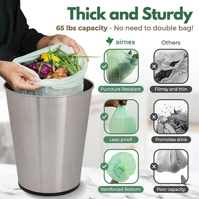 AIRNEX Compostable Kitchen Trash Bags 8 Gal - Cornstrarch Leakproof & Tear Resistant 100 Compost Bags - OK Compost Home & Seedling Certified 0.22 mm Kitchen Garbage Bags