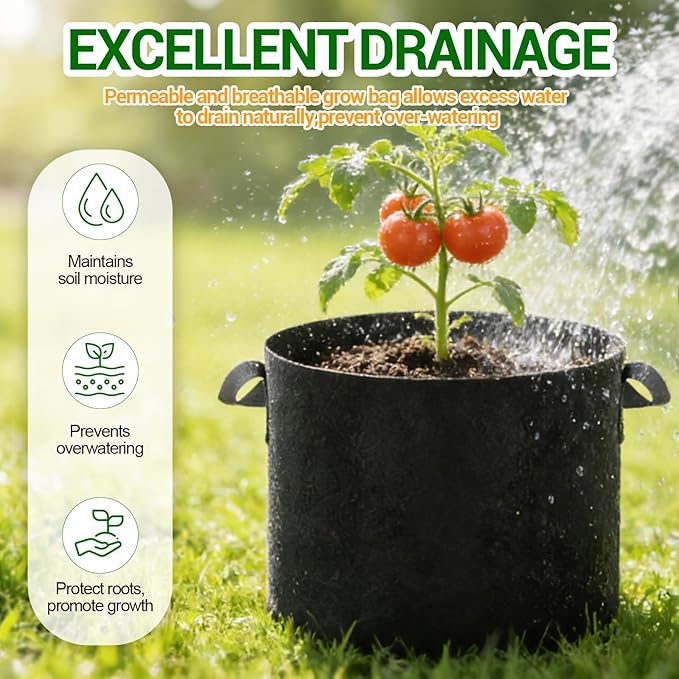 5-Pack 15 Gallon Grow Bags, Thickened Aeration Fabric Pots with Handles, Heavy Duty Plant Bags for Vegetables, Tomatoes, Potatoes, Fruits & Flowers, Reusable Garden Pots for Plants