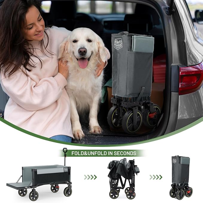 Timber Ridge 49" Extra Long Collapsible Folding Wagon with Tailgate and Brakes, 300lbs Heavy Duty Foldable Wagon with Adjustable Handle, 250L Capacity Portable Cart for Outdoor Camping Sports, Grey