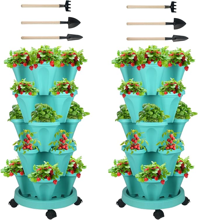 GameXcel Vertical Planter Tower - 5 Tier Stackable Garden Planters with Wheels and Tools Plant Pots for Strawberry Herb Flower and Vegetable Indoor Outdoor Use Teal 2 Pack