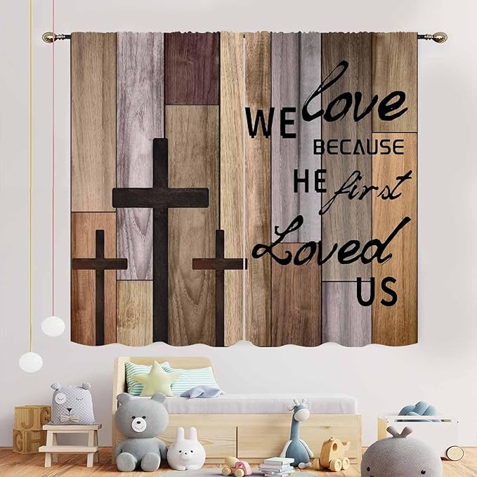Farmhouse Wooden Curtains, Rustic Brown Wood Board Bible Verse Cross Country Cottage Western Barnwood Garage Old Plank Drapes Window Curtains for Living Room Bedroom Kitchen 2 Panels, 52"x84" Inch