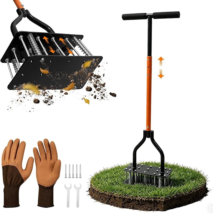 Lawn Aerator Tool with 15 Sharp Spikes, Manual Grass Aerator for Yard with Automatic Soil Ejection & Dual-Layer Spring, Heavy Duty Metal Garden Aerator for Soil Loosening, Pre-Assembled
