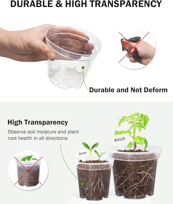 homenote Clear Nursery Pots for Plants,3 Inch Plant Pot for Planting Plastic Seedling with Drainage Holes Seed Starter Flower High Transparency with 20 Labels (60 Pack)