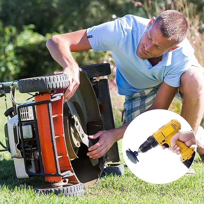 4PCS Lawnmower Blade Sharpener, Universal Rotary Lawn Mower Blade Sharpener with Balancer for Any Power Hand Drill (Blue)