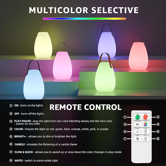 uuffoo 2 Pack Rechargeable Portable Table Lamp, Cordless RGB Lantern, Decorative LED Night Light, IP44 Waterproof Indoor Outdoor Lamp for Bedroom Patio Garden Wedding Party